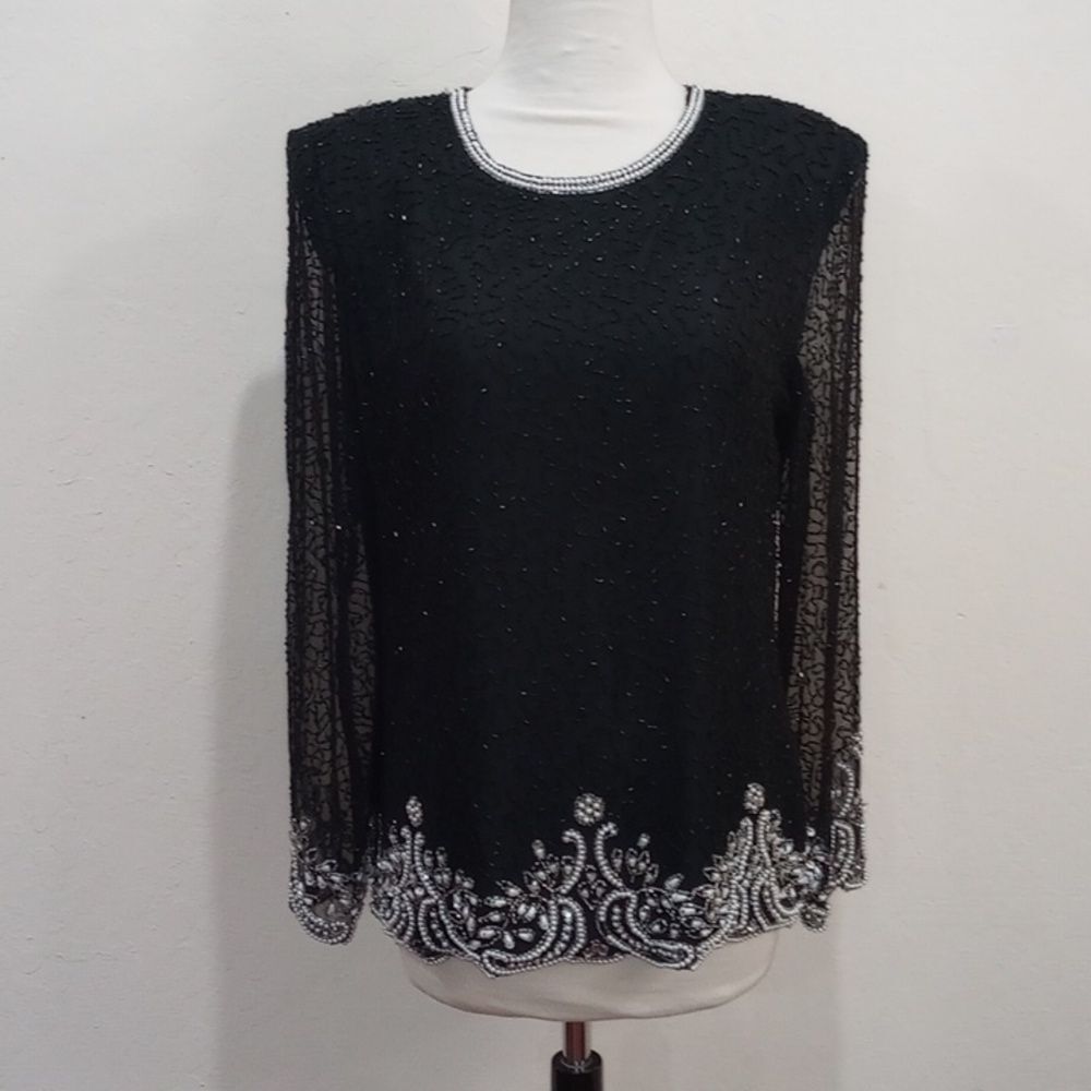 Vintage Lawrence Kazar Paris/New York Black Beaded Pearl Silk Blouse, Size 10 - Picture 3 of 11